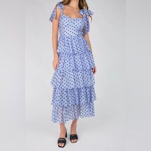 Sofie the Label Mediterranean Muse Tiered‎ Midi Dress Blue Polka Dots Sz M
